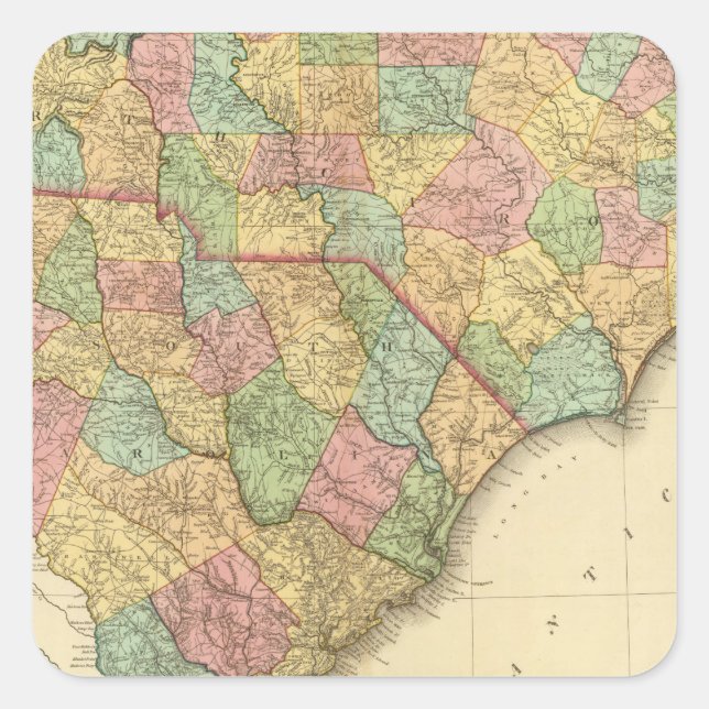 Karte von North South Carolina Quadratischer Aufkleber (Vorderseite)