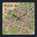 Karte von Oxford, England (Britische Eisenbahn) Quadratische Wanduhr<br><div class="desc">"Oxford. British Reilways. J.P. Sayer". Poster-Karte der Stadt Oxford, von 1949 von J.P. Sayer. Die Karte wurde von British Railways veröffentlicht, um den Eisenbahnverkehr zu fördern. Hier finden Sie wichtige Sehenswürdigkeiten sowie Kostümfiguren, die die Geschichte von Oxford illustrieren. Alle Unis sind mit kleinen Schwarz-Weiß-Vignettenbildern der Gebäude gekennzeichnet. 11242000, jp2</div>