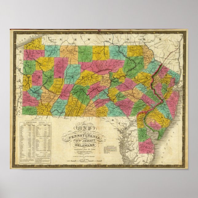 Karte von Pennsylvania, New Jersey und Delaware Poster (Vorne)