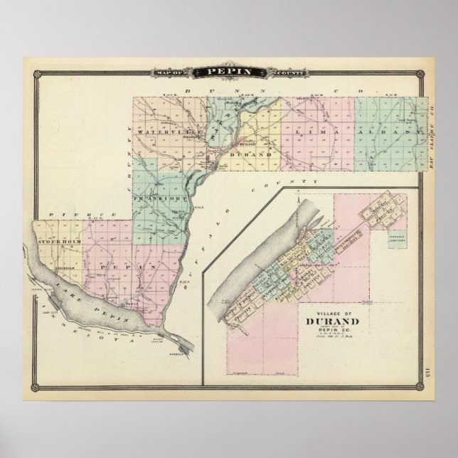 Karte von Pepin Landkreis und Dorf Durand Poster (Vorne)