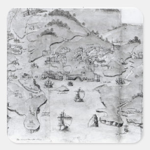 Karte von Plymouth, c.1539 Quadratischer Aufkleber