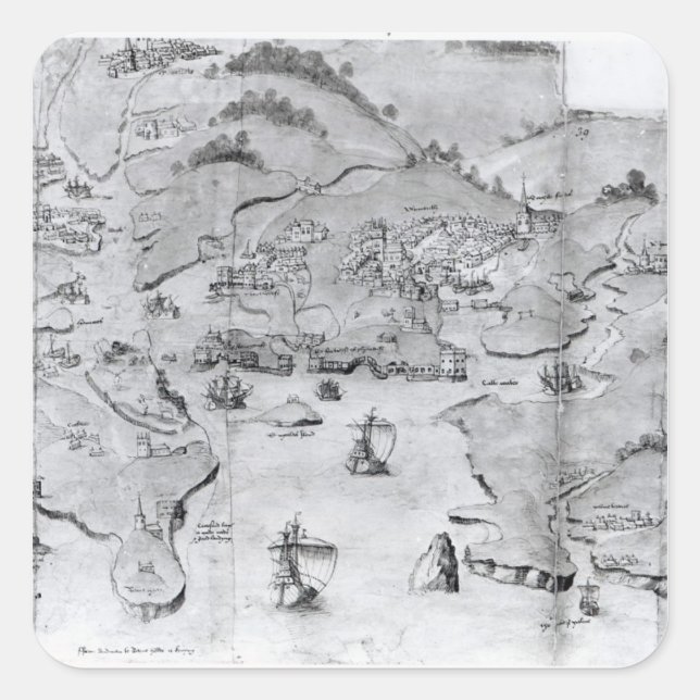 Karte von Plymouth, c.1539 Quadratischer Aufkleber (Vorderseite)