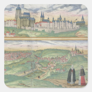 Karte von Prag, von "Civitates Orbis Terrarum" Quadratischer Aufkleber