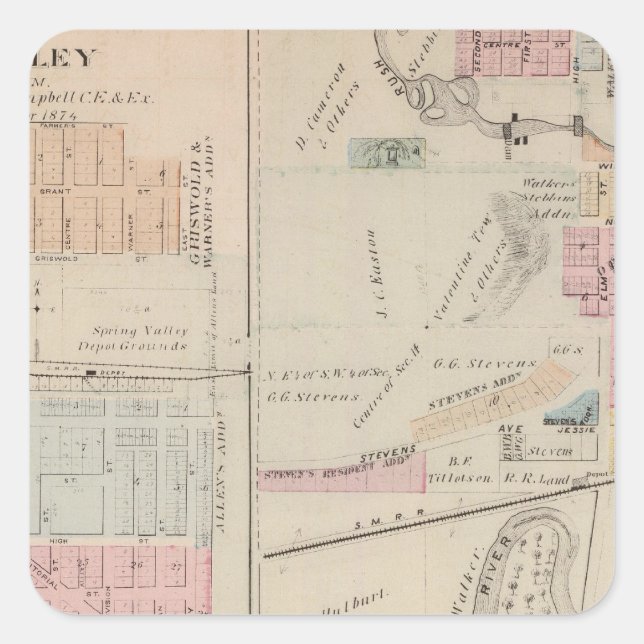Karte von Rushford, Fillmore Landkreis, Minnesota Quadratischer Aufkleber (Vorderseite)