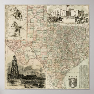 Karte von Texas mit Landkreis Borders Poster