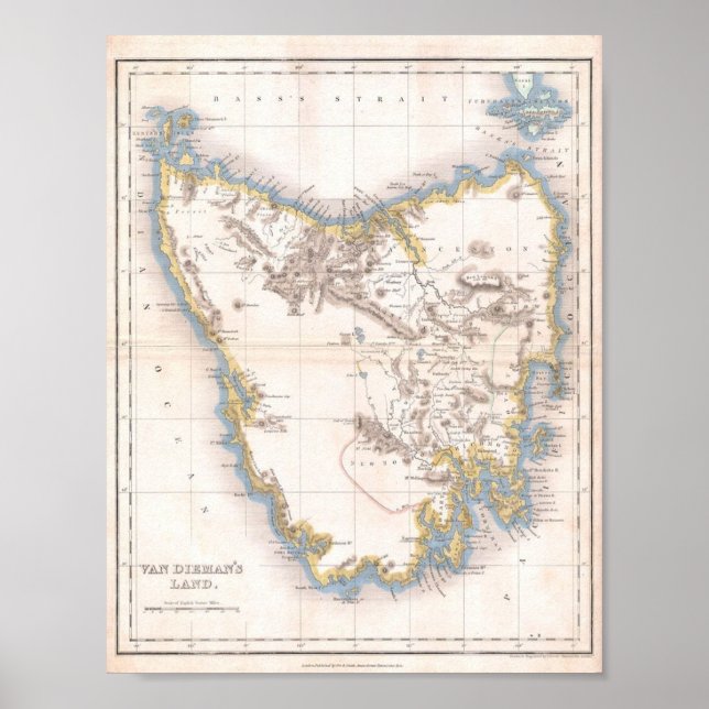 Karte von Van Diemans Land oder Tasmanien Poster (Vorne)