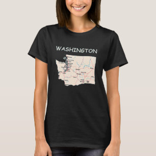 Karte von Washington Staat Großstädte Seen und Riv T-Shirt
