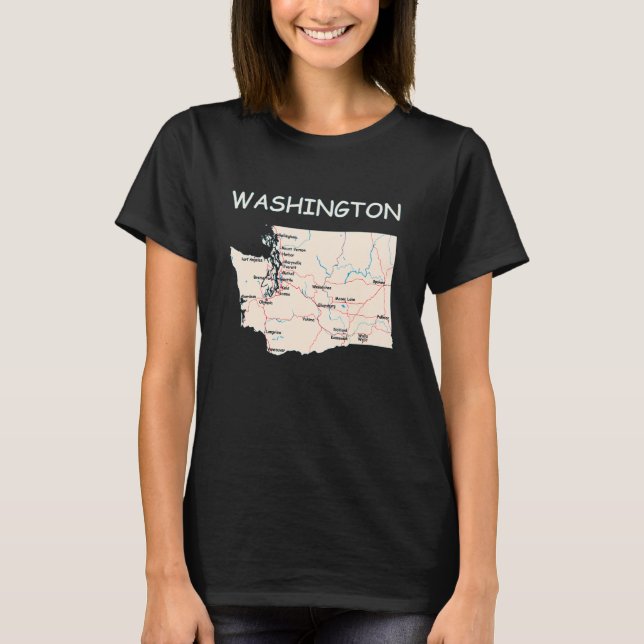 Karte von Washington Staat Großstädte Seen und Riv T-Shirt (Vorderseite)