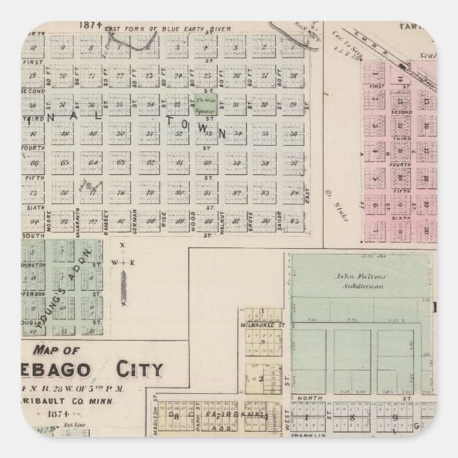 Karte von Winnebago City Map of Blue Earth, Minnes Quadratischer Aufkleber (Vorderseite)