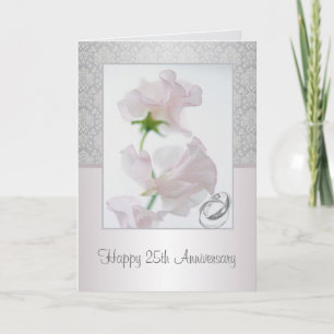 Karte zum 25. Hochzeitstag. Blumen, Ringe, Damastm