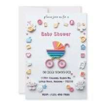 Karte zur Babyparty mit Kinderwagen und niedlichen