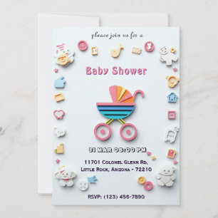 Karte zur Babyparty mit Kinderwagen und niedlichen