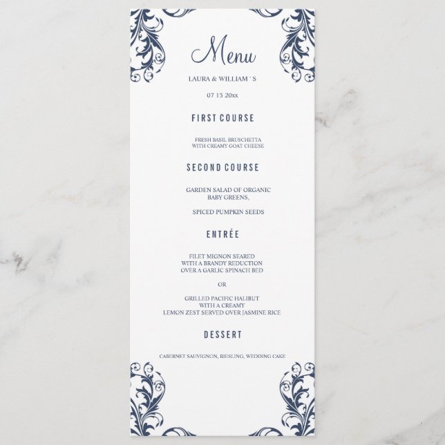 Karten für das Hochzeitessen | Navy Blue Damask St (Vorderseite)