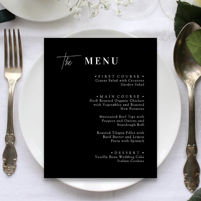 Karten für das Schwarz-Weiß-Hochzeitessen (Black and white wedding dinner menu cards add timeless elegance and guide guests through your meal.)