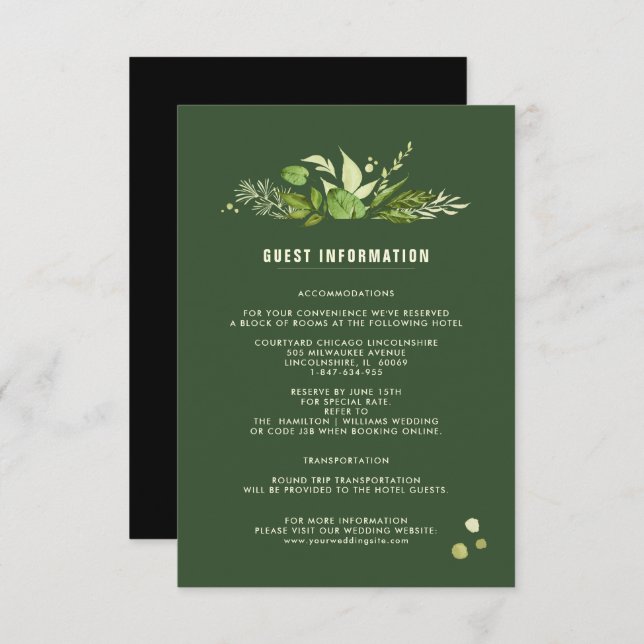 Karten für die Hochzeitdetails | Green Black Botan (Vorne/Hinten)