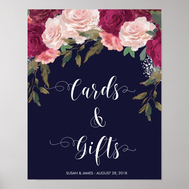 Karten Geschenke Hochzeitsschild Marineblau Rosa F Poster (Vorne)
