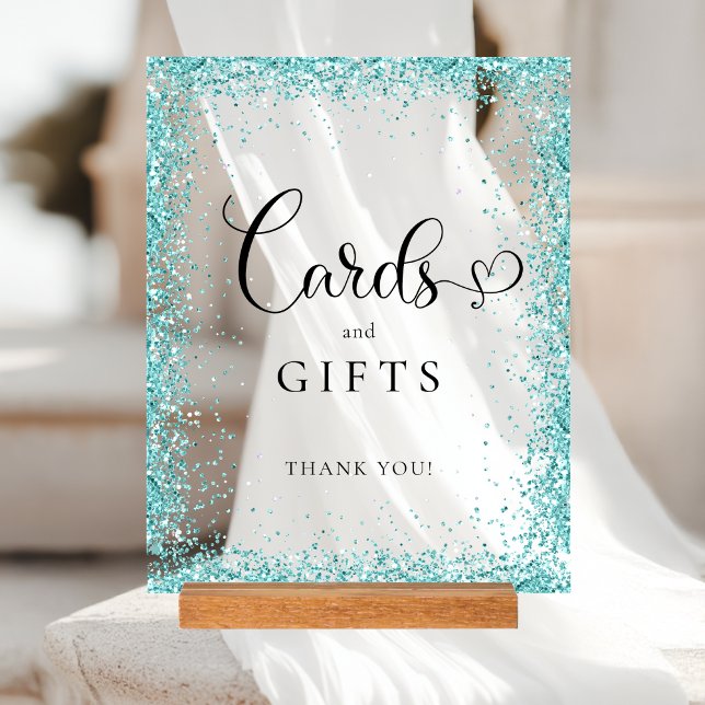 KARTEN & GESCHENKE Mint Glitter Brautparty  Acrylschild (CARDS & GIFTS Mint Glitter Bridal Shower Acrylic Sign)