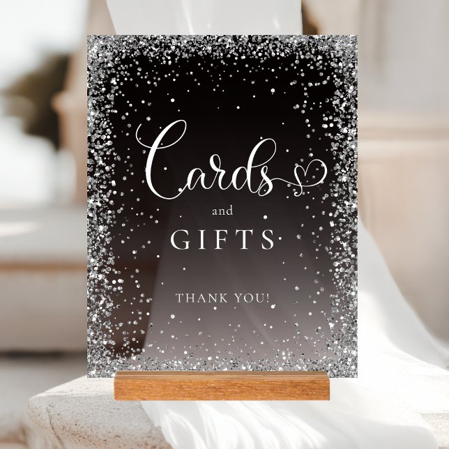KARTEN & GESCHENKE Schwarz Silber Glitter Brautpar Acrylschild (CARDS & GIFTS Black Silver Glitter Bridal Shower Acrylic Sign)