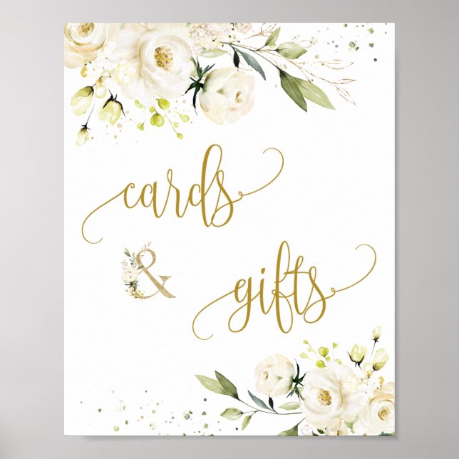 Karten & Geschenke Skript Zeichen Weiße Rosen Laub Poster (Vorne)