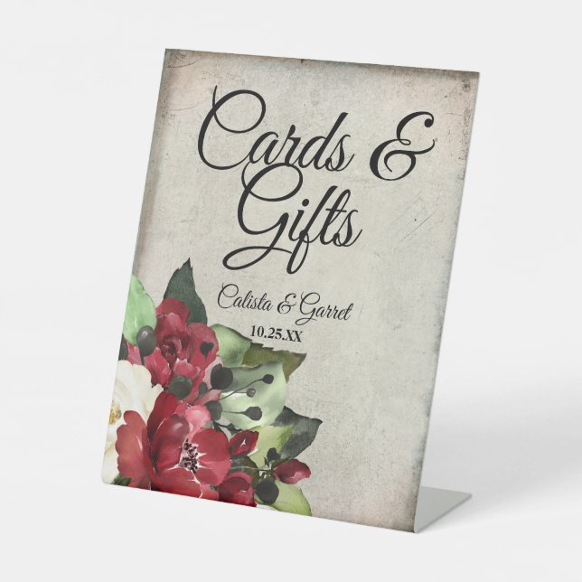 Karten und Geschenke | Dark Red Floral Goth Weddin Sockelschild (Vorderseite)