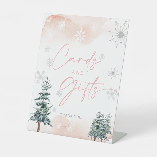 Karten und Geschenke, rot und rosa Winterzeichen Sockelschild (Vorderseite)