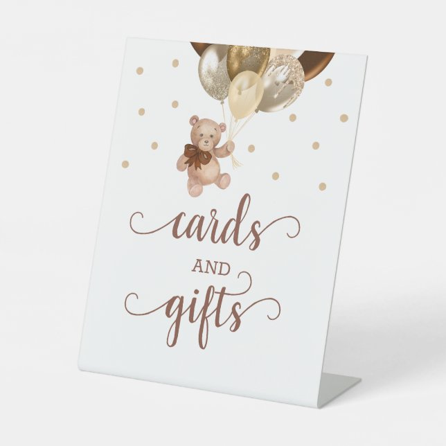 Karten und Geschenke Teddy Bear Brown Gold Balloon Sockelschild (Vorderseite)