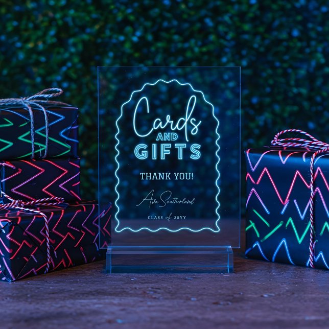 Karten und Geschenke Wavy Blue Neon Graduation Par Acrylschild (Cards & Gifts Wavy Blue Neon Graduation Party Acrylic Sign)