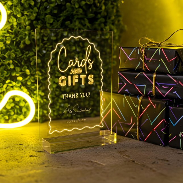 Karten und Geschenke Wavy Yellow Neon Graduation P Acrylschild (Cards & Gifts Wavy Yellow Neon Graduation Party Acrylic Sign)