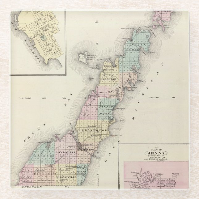 Karten von Door County, Stör-Bucht und von Jenny Glasuntersetzer (Vorderseite)