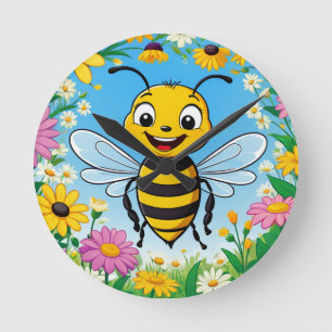 Kartenbiene Bunte Blumen  Runde Wanduhr
