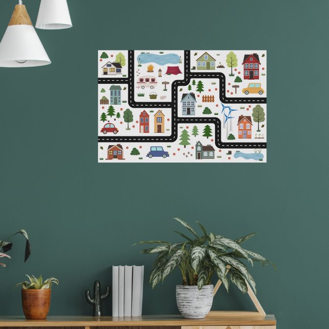Kartenspiel für Kinder mit Straße, Autos und Häuse Poster (Wohnzimmer 1)