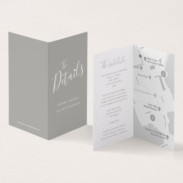 Kartenübersicht für Hochzeitgäste mit grauen Karte (Innenseite und Außenseite)