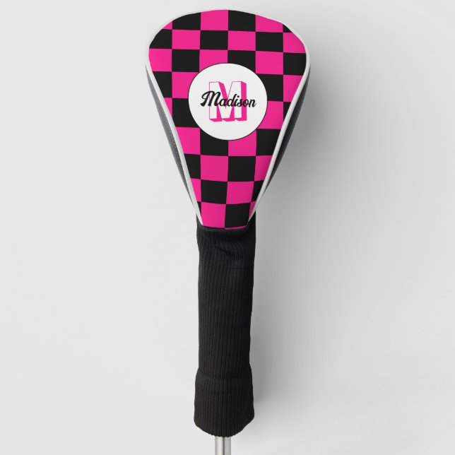 Kartierte Quadrate mit rosa, schwarz Retrogramm Golf Headcover (Vorderseite)