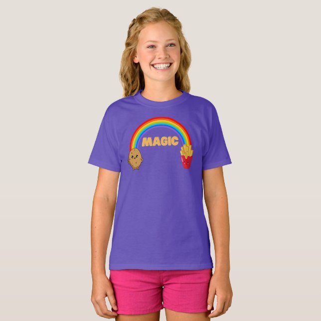 Kartoffeln, die sich mit einem Regenbogen auf Chip T-Shirt (Vorne ganz)