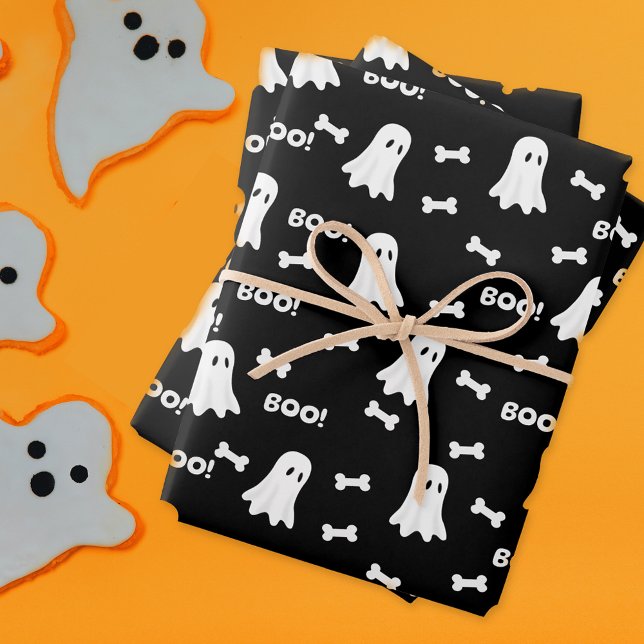 Kartographie Geschenkpapier Set (Halloween for Dogs and Dog lovers Boos and Bones black wrapping paper with cute ghosts.)