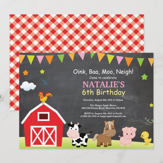Karton Farm Geburtstag Einladung Barnyard Party (Vorne/Hinten)