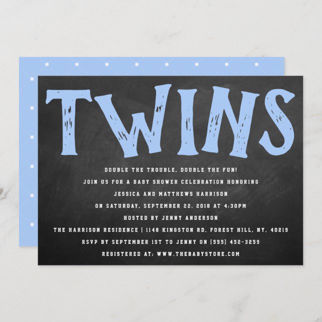 Karton Typografie Twin Boys Babydusche Einladung (Vorne/Hinten)