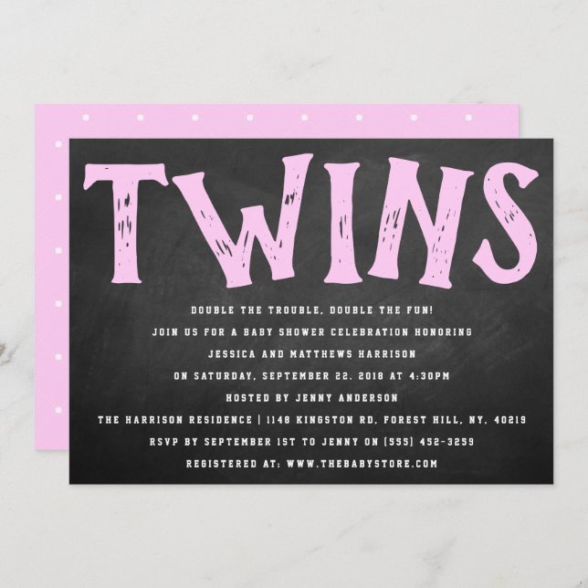 Karton Typografie Twin Girls Babydusche Einladung (Vorne/Hinten)