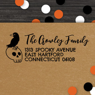 Kartoonische Skull & Raven Halloween-Rücksendeadre Permastempel