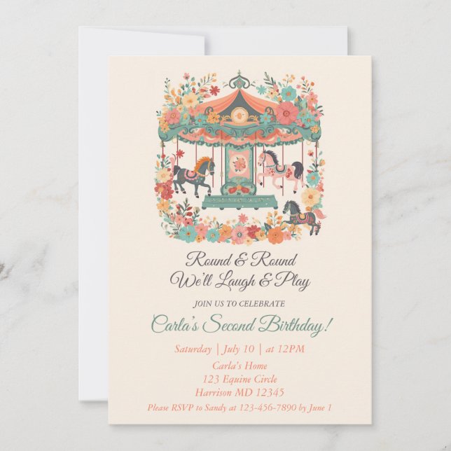 Karussell Karneval 2 Geburtstag Einladung (Vorderseite)