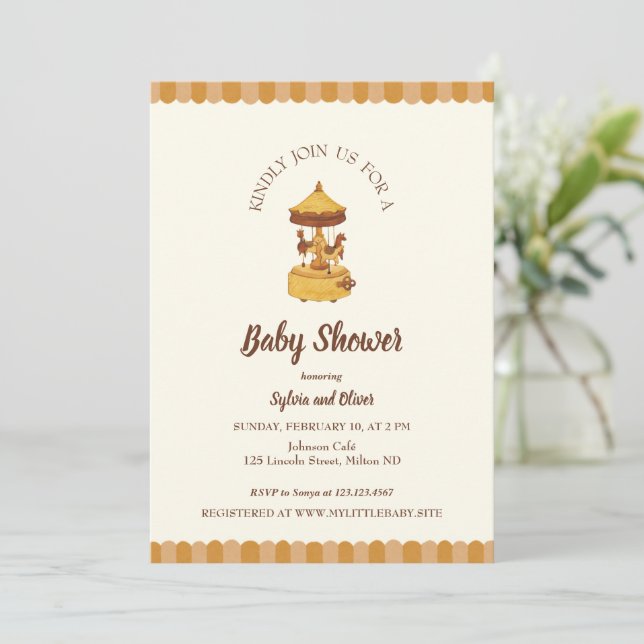 Karussell-niedliche Babydusche geschlechtsneutral Einladung (Stehend Vorderseite)