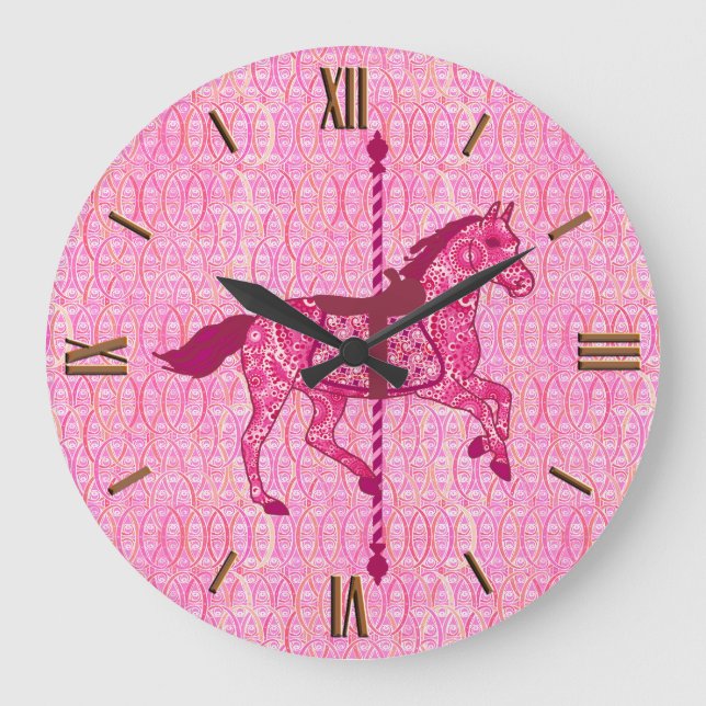 Karussell Pferd - Fuchsia Pink Große Wanduhr (Vorderseite)