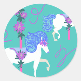 Karussell Pferde dekoriert violette Blumen Runder Aufkleber