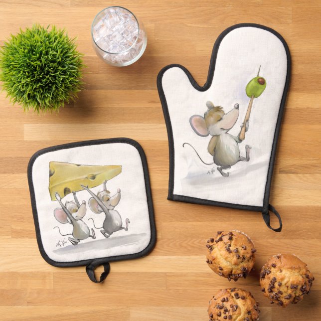 Käse (mit Oliven) Ofenhandschuh & Topflappen-Set (Oben Unten)