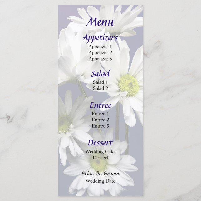 Kaskade des "White Daisies Wedding Menu" Menükarte (Vorderseite)