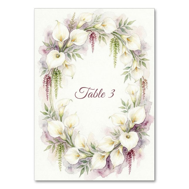Kaskadierende Calla-Hochzeitstisch-Nummernschild Tischnummer (Vorderseite)