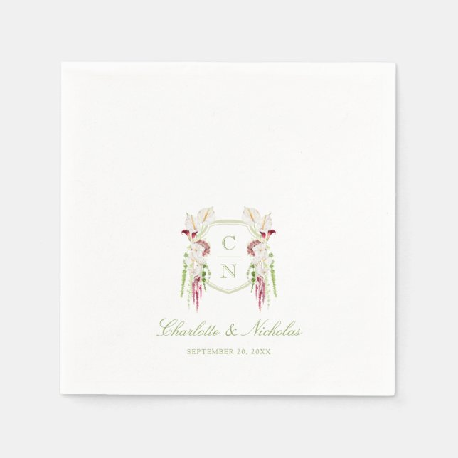 Kaskadierende florale Monogramm-Wappen-Hochzeit Serviette (Vorderseite)