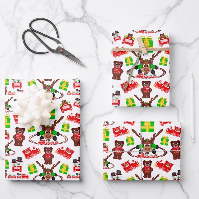 Kasky Niedlicher Weihnachtsmann mit Weihnachtszug Geschenkpapier Set (Vorderseite)