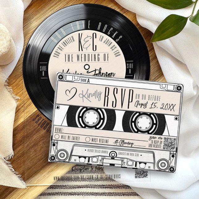 Kassettenrekord Elfenbeinhochzeit Einladung UAWG (Unique retro black and ivory vinyl record music vintage cassette tape RSVP card wedding invitation)