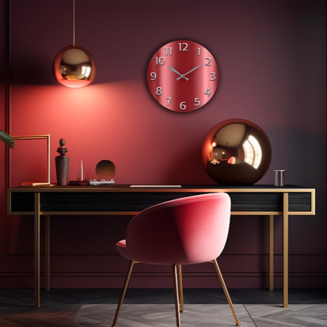 Kastanienbraune silbernes Grau-metallische Große Wanduhr (Burgundy Maroon Silver Gray Metallic Arabic Number Large Clock)